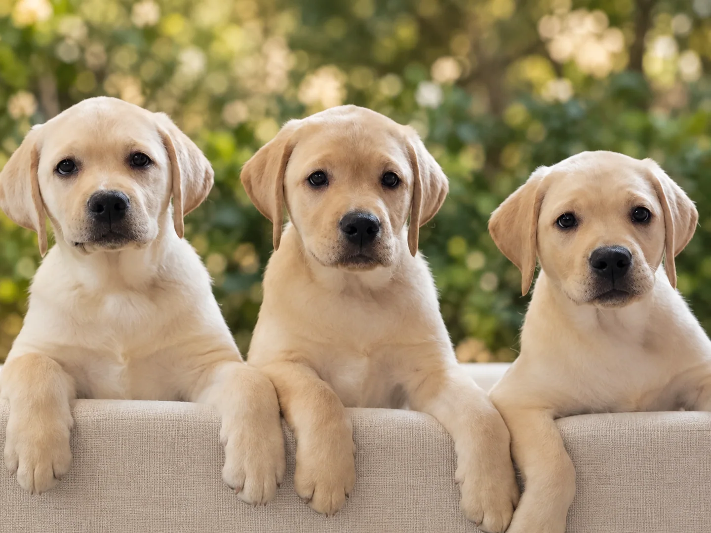 Three yellow Labrador puppies against a garden background