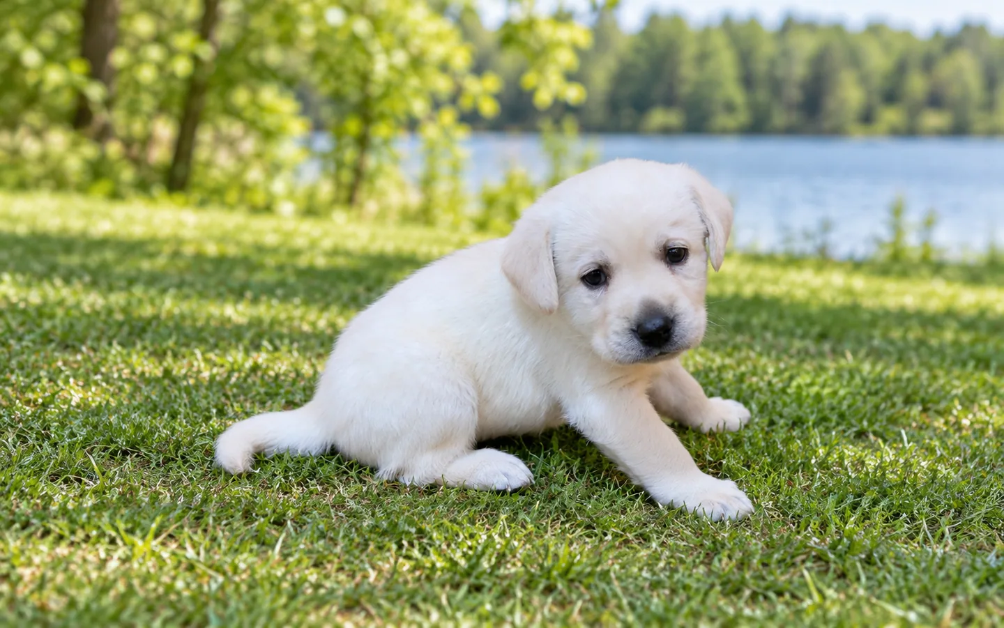 Yellow Labrador puppy against a natural lakeside background